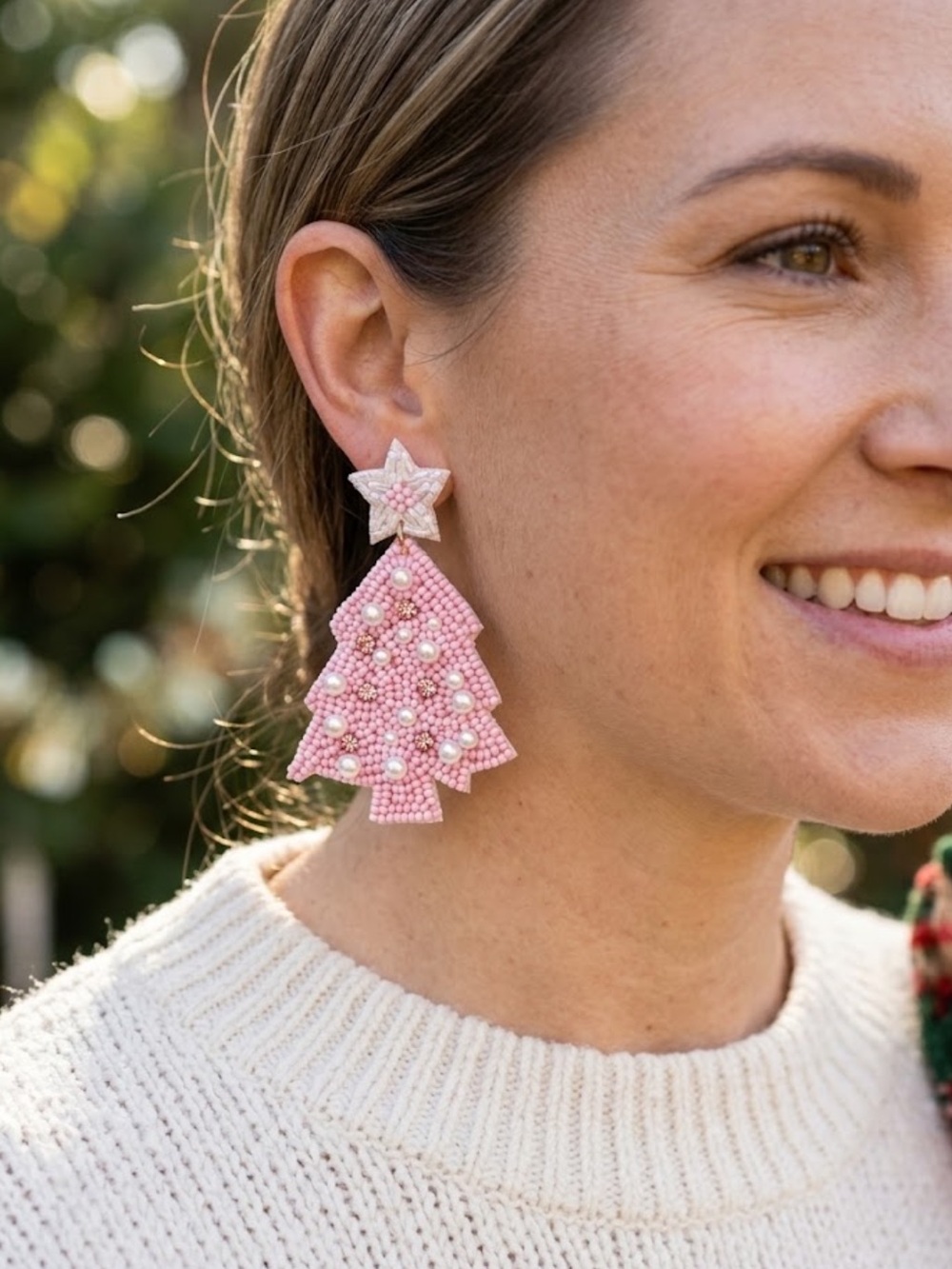 NWT Pink Christmas Tree Earrings Beaded Pearl Holiday Dangle Drop Statement